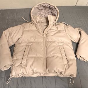 WIND PROTECTION FAUX LEATHER CROPPED PUFFER ANORAK